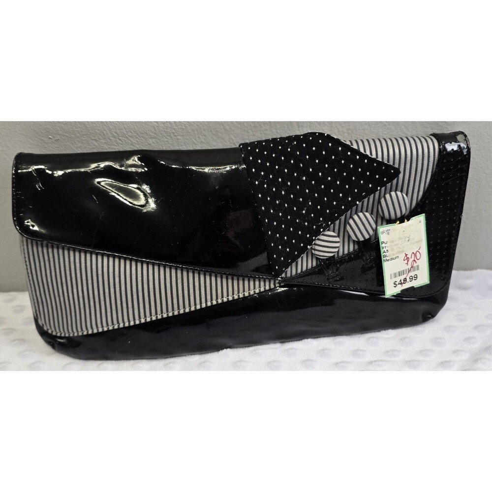 Irregular Choice Black Patent Purse Clutch Polka Dots Stripes Buttons NWT 1990's